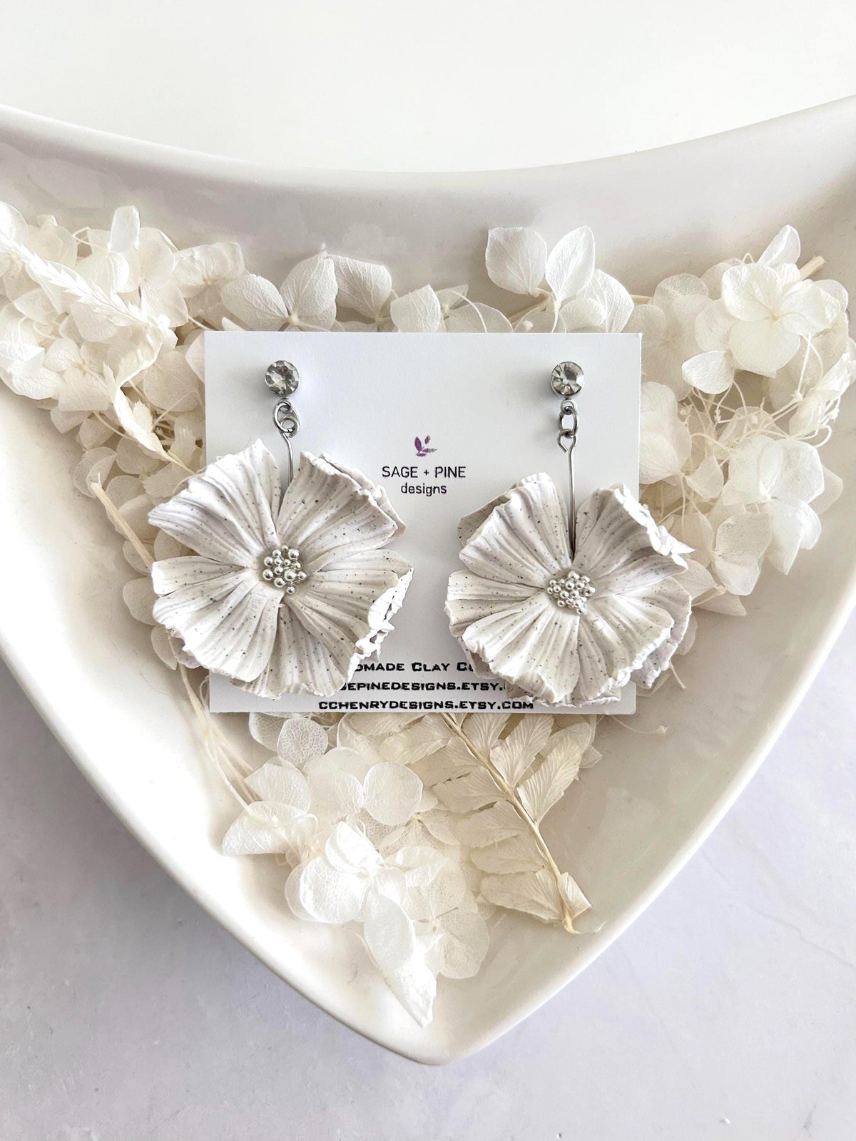 White Dangle Flower Earrings, Big Floral Drop Dangles, Silver Rhinestone Unique Statement Jewelry Gift