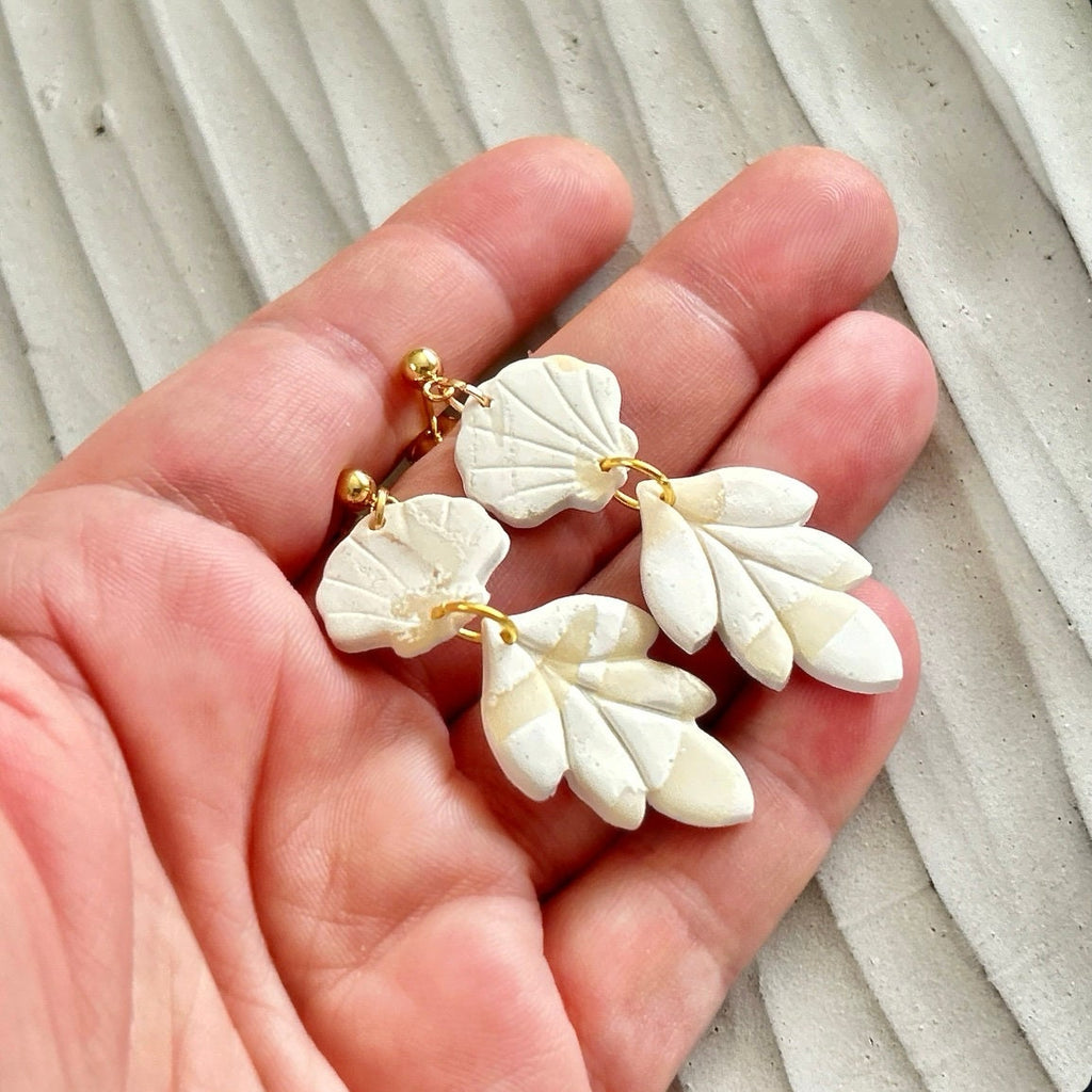 White Cream Beachy Earrings, Coastal Vacation Drop Dangles, Large Leaf Handmade Clay Jewelry Gift