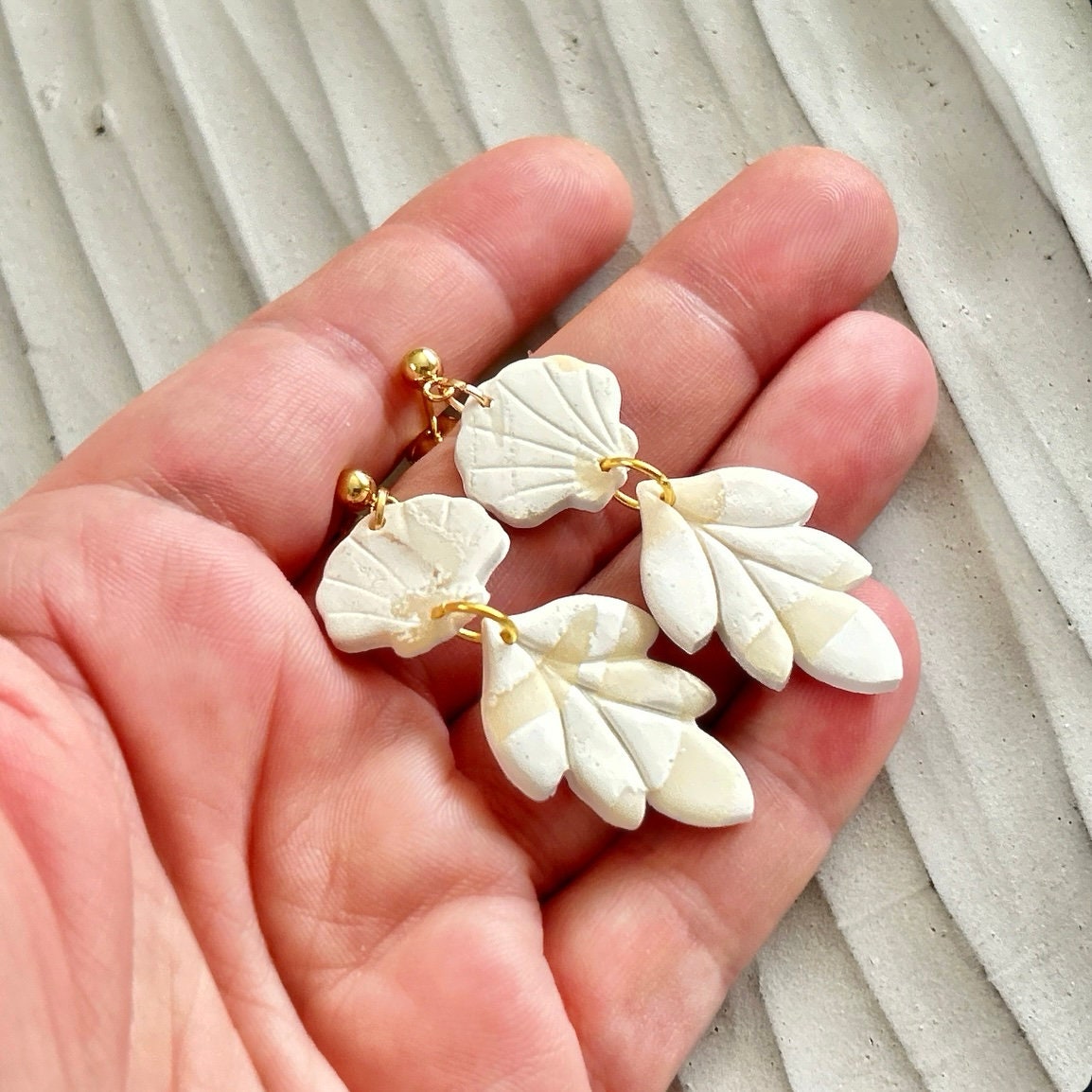 White Cream Beachy Earrings, Coastal Vacation Drop Dangles, Large Leaf Handmade Clay Jewelry Gift