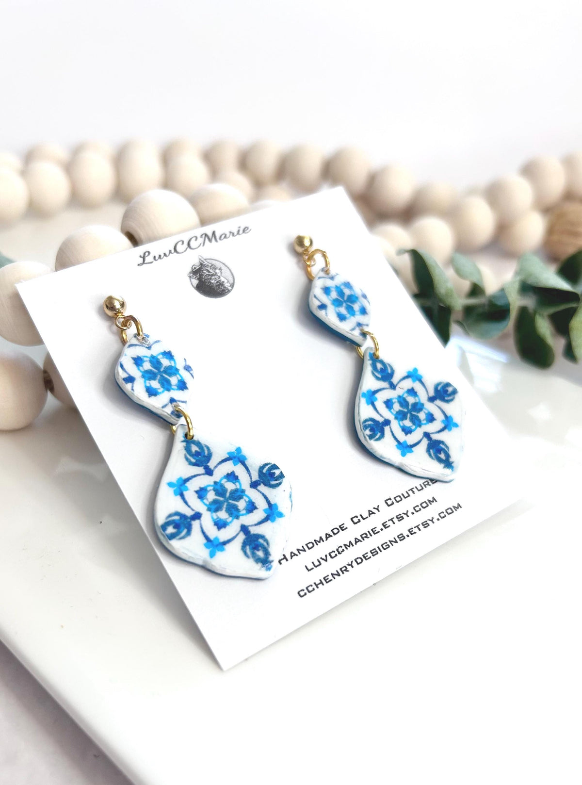 Cobalt Blue Vase Santorini Blue Earrings, Mediterranean Tile Greek Dangles, Handmade Boho Clay Jewelry