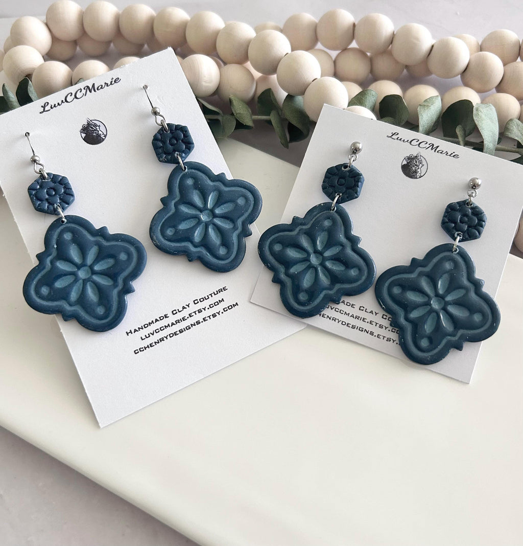Dark Teal Blue Statement Tile Dangle Earrings Handmade Jewelry Lightweight Vacation Gift