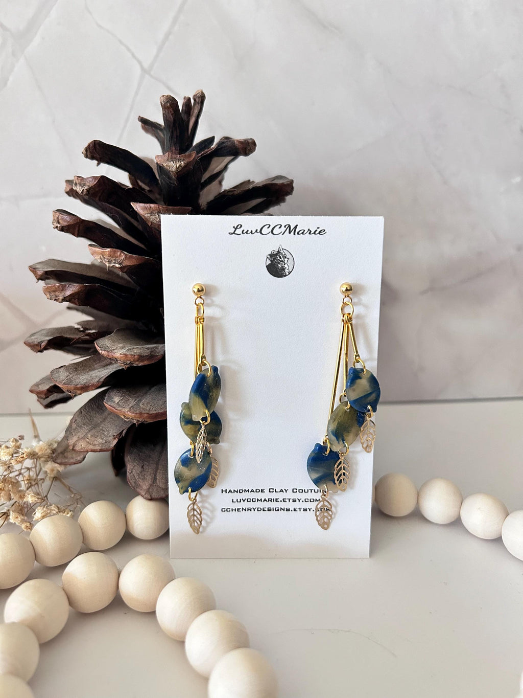 Navy Blue Dangle Earrings, Lemon Bar Clay Dangles, Gold Leaf Fall Earrings, Boho Jewelry