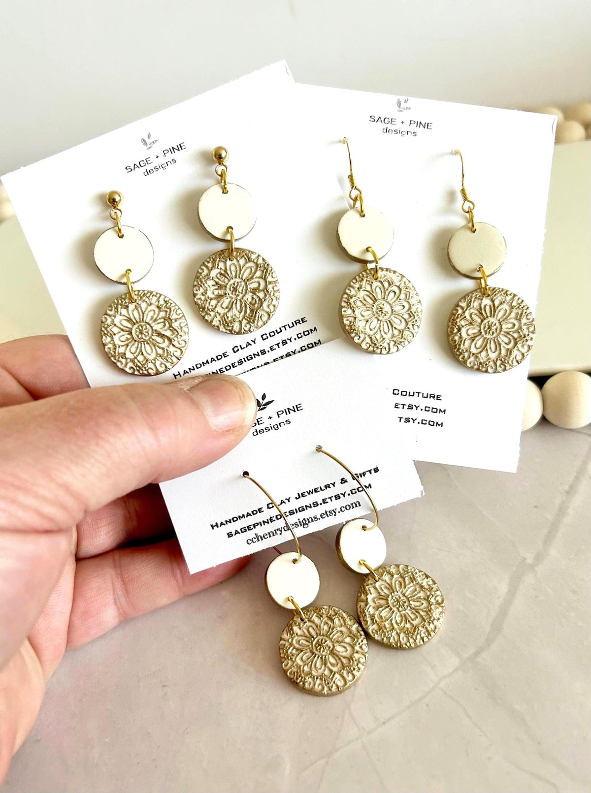 Clay Earrings, Navy Blue, Creamy Off White, Burgundy Dark Red, Gold Floral Mandala Dangles