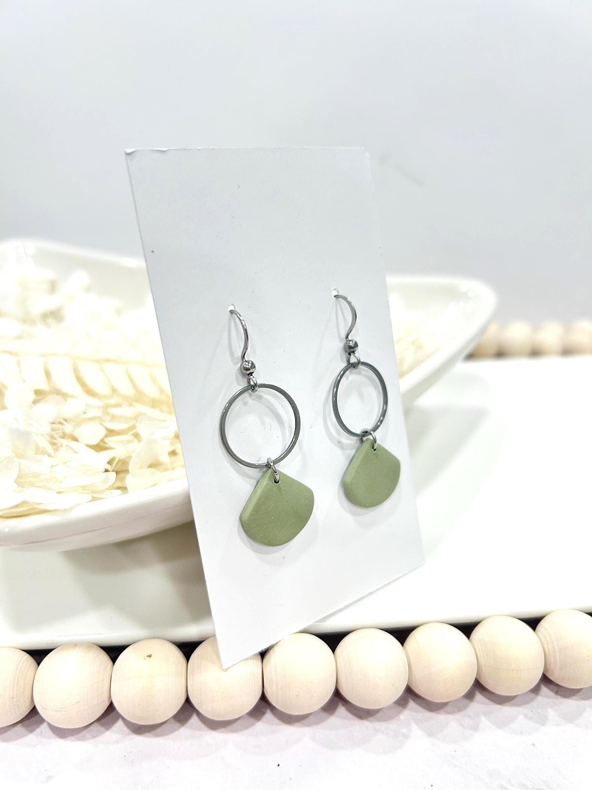 Handmade Sage Green Clay Earrings, Neutral Minimal Hoop Drop Dangles, Boho Jewelry Gift