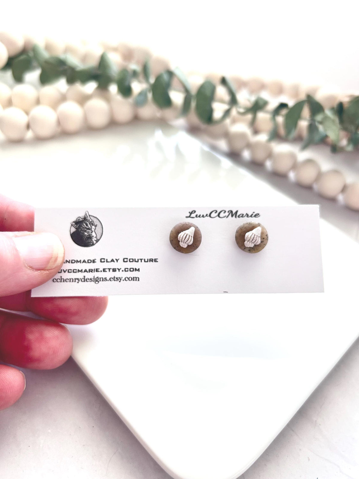 Seashell Studs, Beige and White Stud Earrings, Coastal Vacation Handmade Clay Jewelry Gift