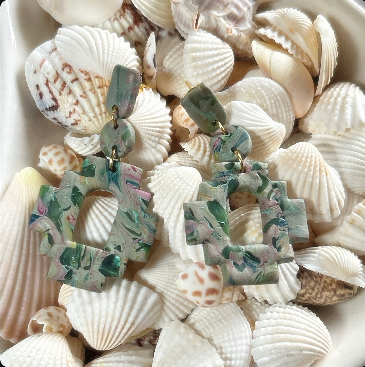 Handmade Clay Olive Pink Marbled Statement Aztec Style Post Drop Dangle Earrings