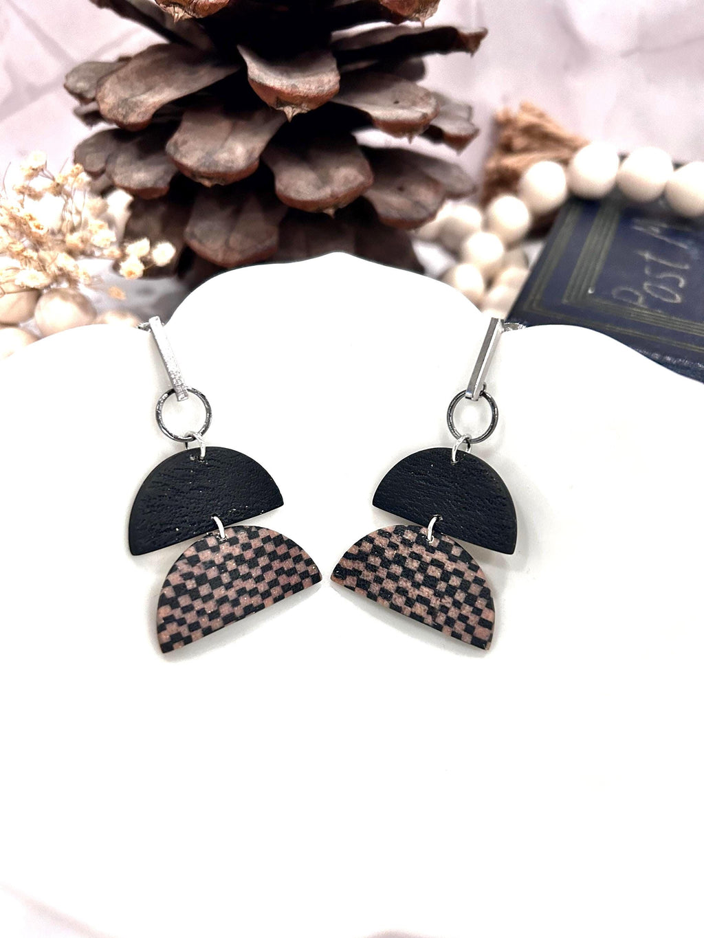 Handmade Retro Black and Mauve Dangle Earrings, Geometric Checkered, Lightweight Hypoallergenic, Clay Jewelry