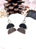Handmade Retro Black and Mauve Dangle Earrings, Geometric Checkered, Lightweight Hypoallergenic, Clay Jewelry