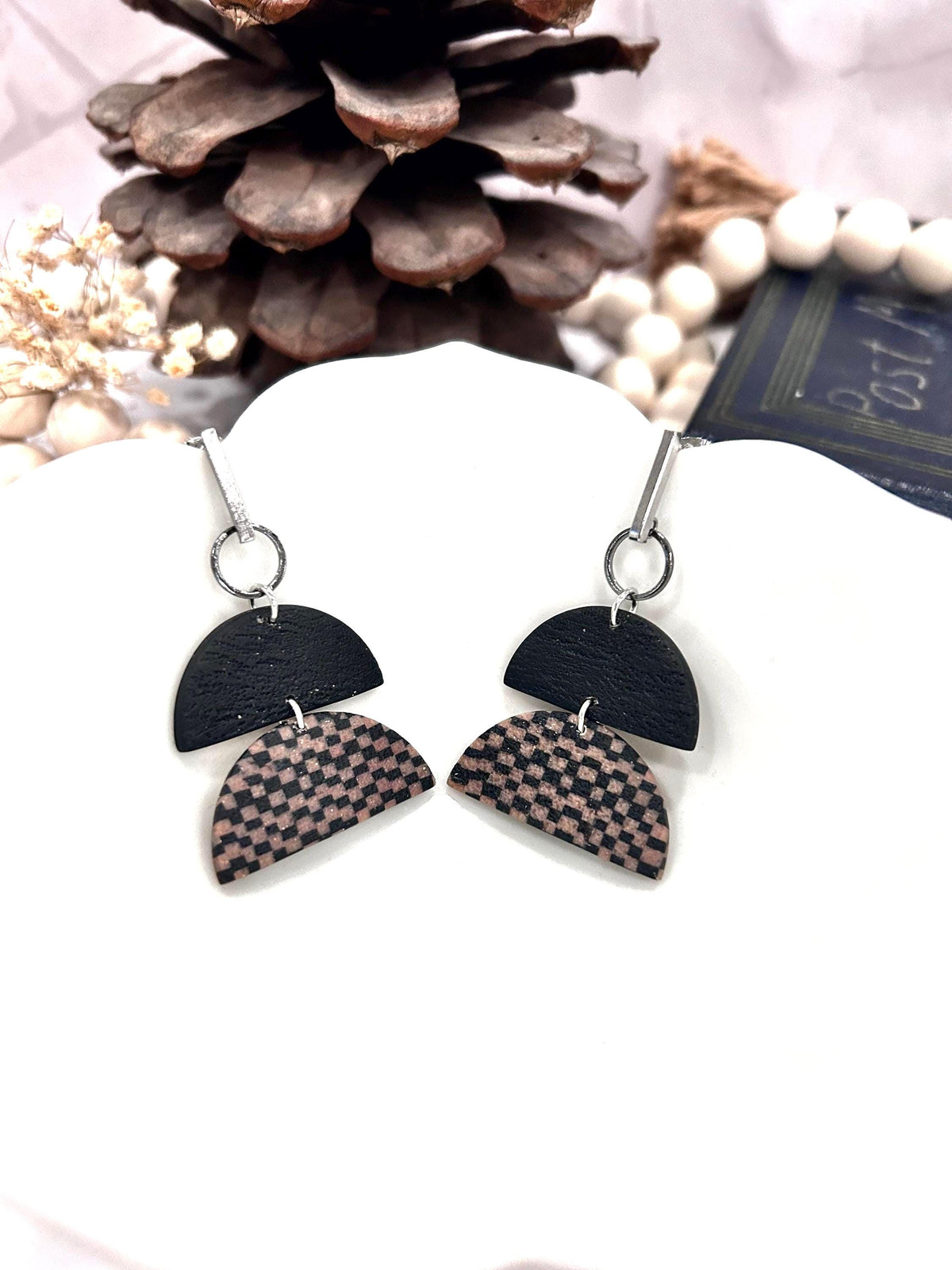 Handmade Retro Black and Mauve Dangle Earrings, Geometric Checkered, Lightweight Hypoallergenic, Clay Jewelry