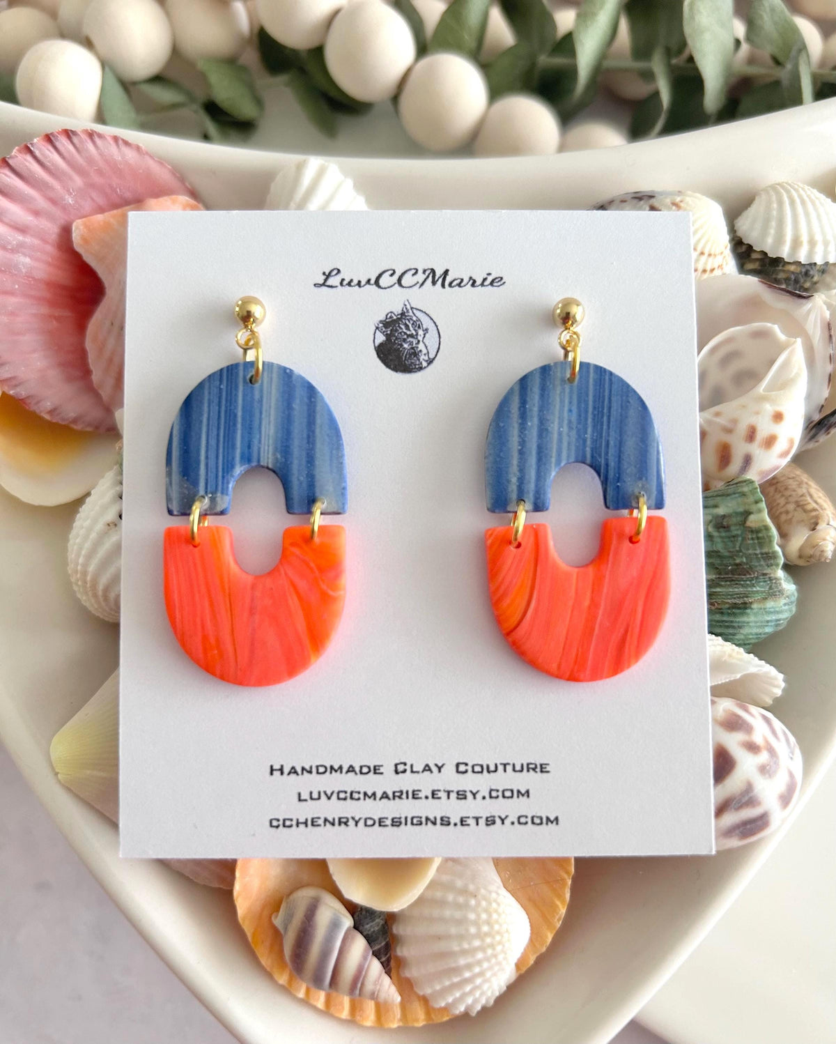 Orange Navy Blue Dangles, Marbled Coral Clay Long Bright Earrings, Neon Summer Drop Handmade