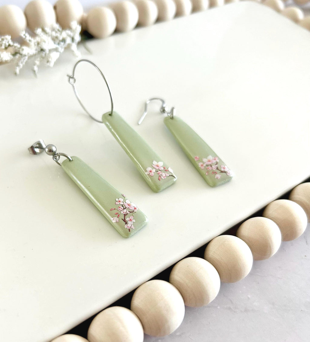 Sage Green Cherry Blossom Handmade Clay Dangle Earrings, Drop Dangles, Lightweight Jewelry
