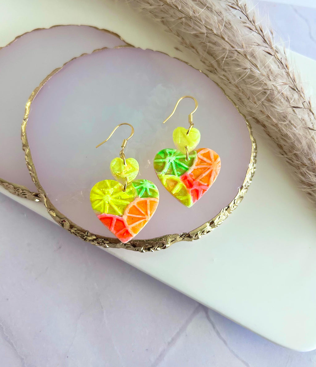 Neon Orange Heart Earrings, Grapefruit, Lemon, Lime, Unique Handcrafted Dangles, 90s Statement Clay Jewelry