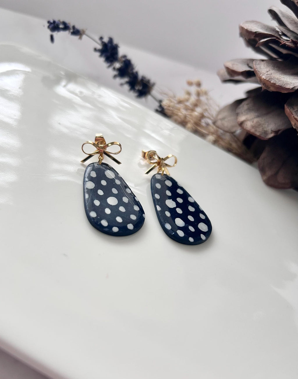 Hand Painted Navy Blue & White Polka Dot Earrings, Gold Bow Drop Dangles, Handmade Jewelry