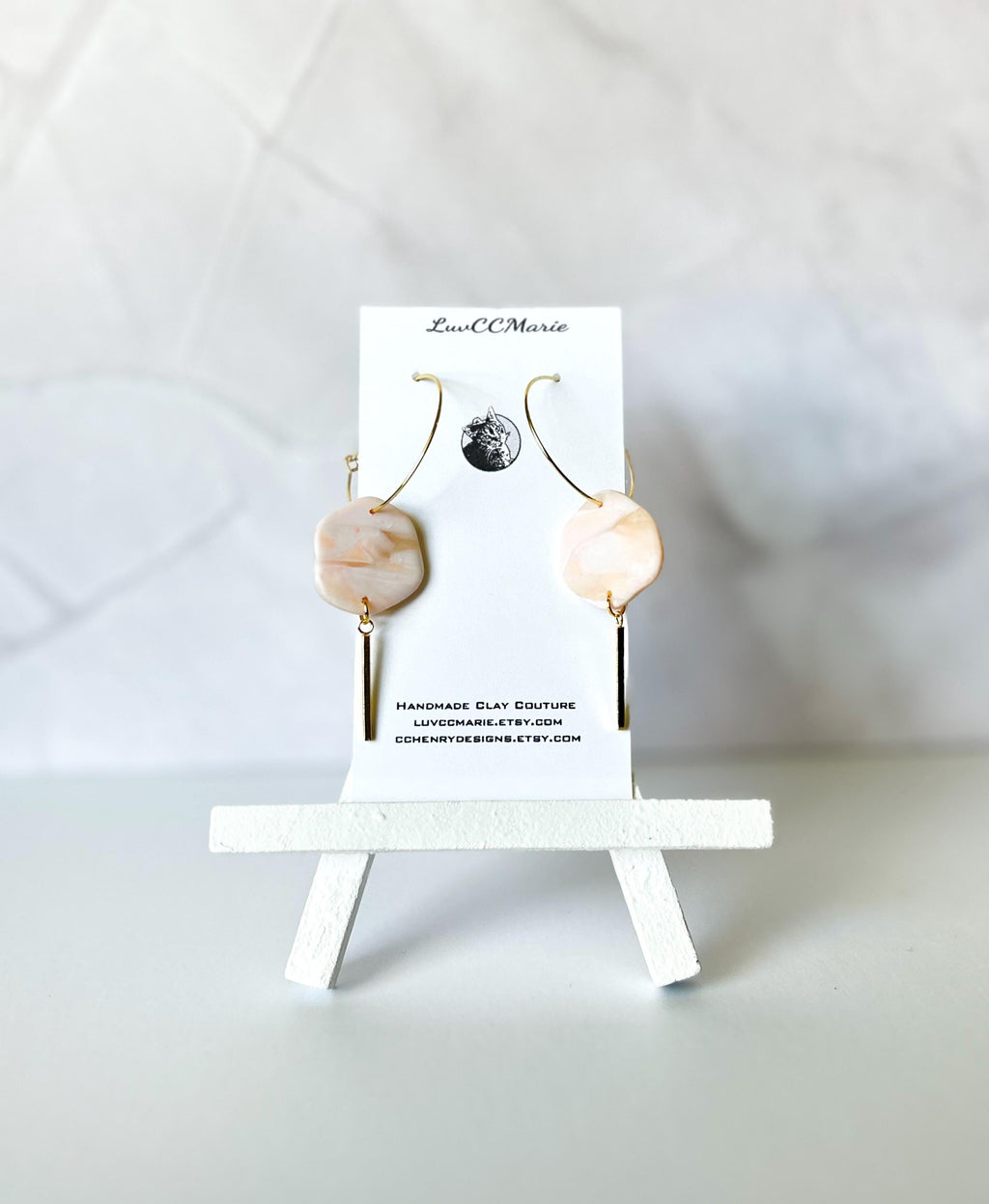 Peach and White Hoop Charm Dangle Earrings, Handmade Clay Jewelry Gift