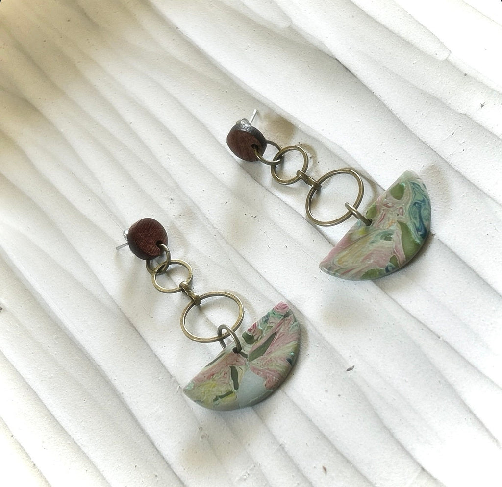 Pink and Olive Dangle Earrings, Extra Long Boho Dangles, Bronze, Clay & Wood