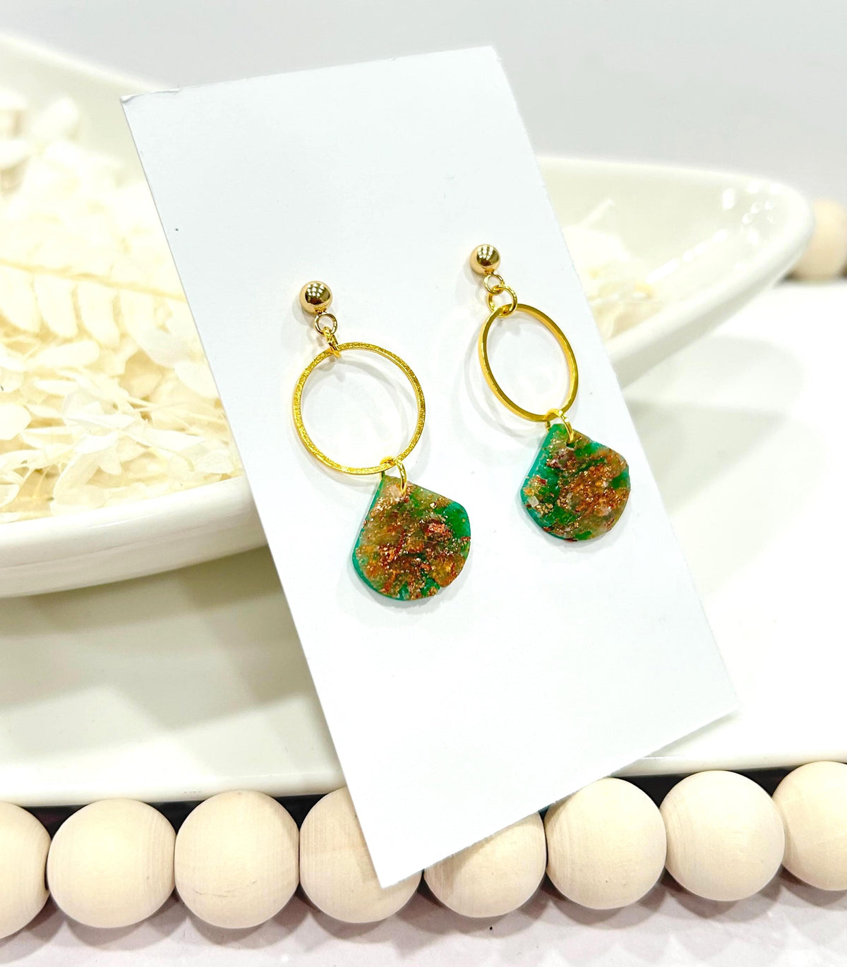 Emerald Green, Gold and Copper Clay Earrings, Handmade Boho Hoop Dangles, Jewelry Gift