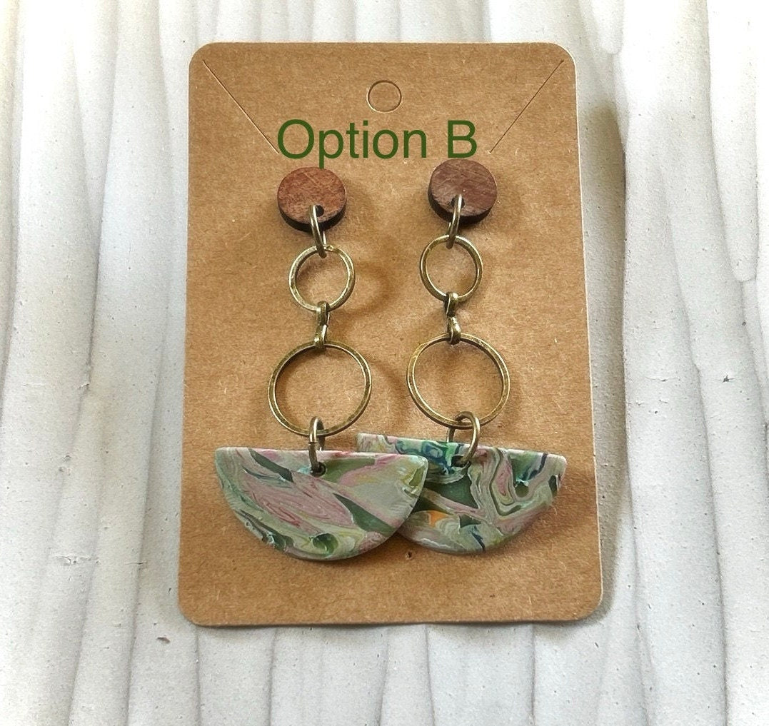 Pink and Olive Dangle Earrings, Extra Long Boho Dangles, Bronze, Clay & Wood