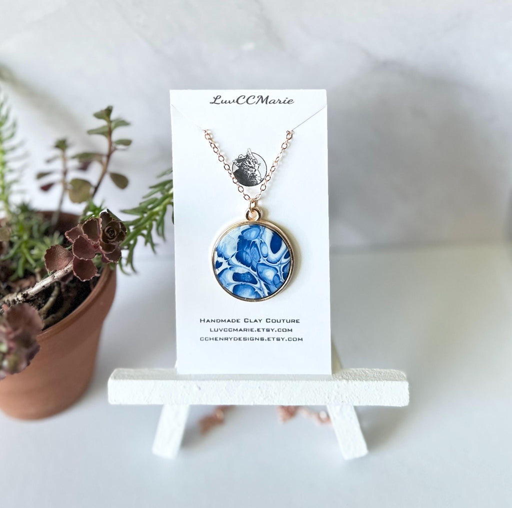 Marbled Mokume Clay Pendant Necklace: Navy Blue Boho Jewelry