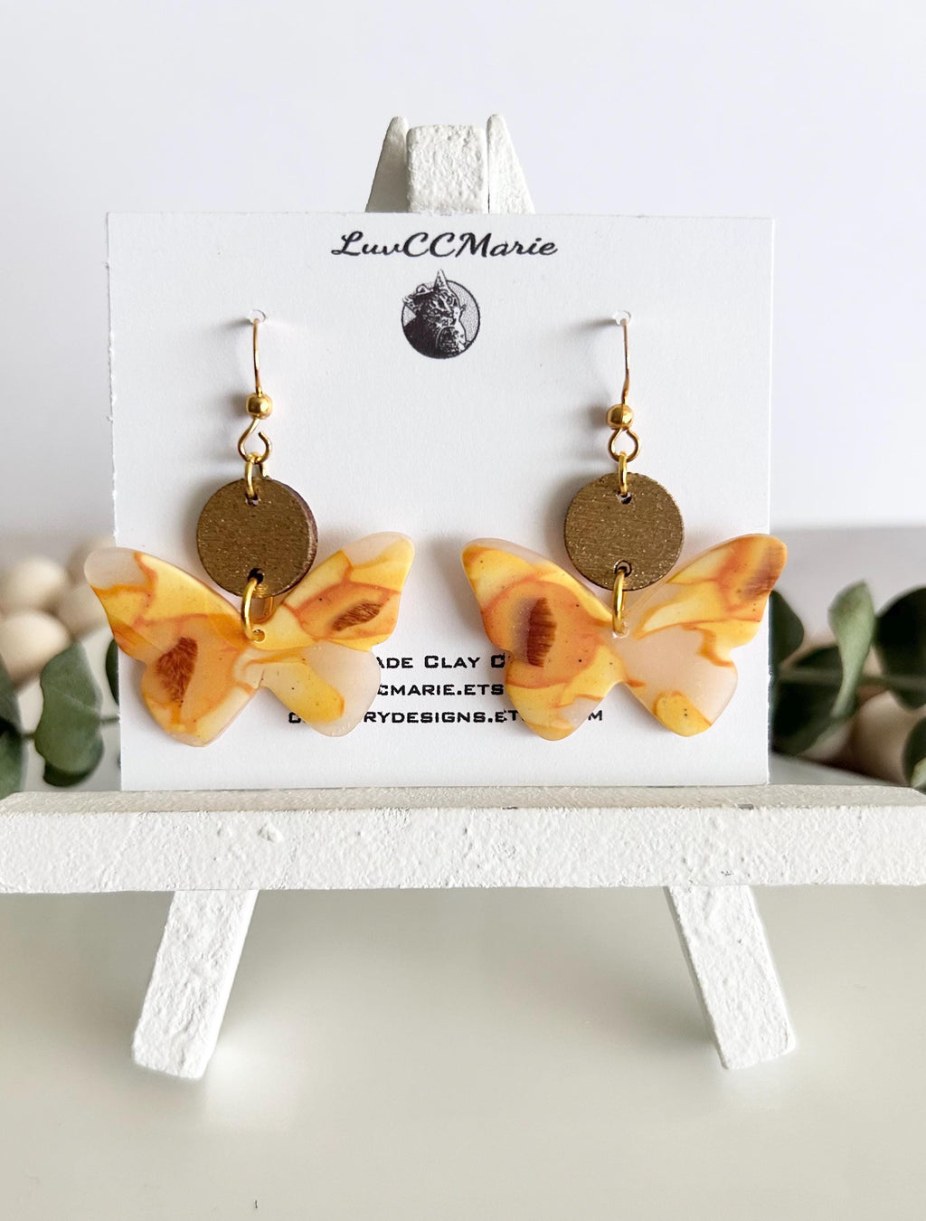 Yellow and Gold Butterfly Earrings, Daffodil Flower Clay and Wood Drop Dangles