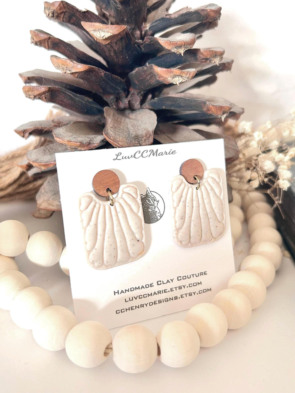 Creamy Clay Wood Dangle Earrings, Matisse Square Neutral Drops, Handmade Boho Jewelry Gift