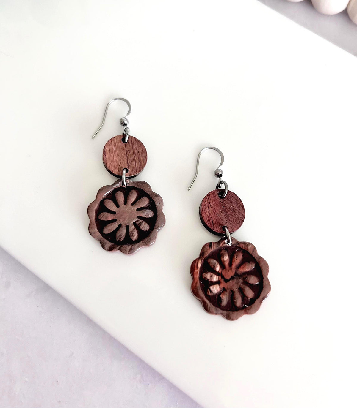 Dark Brown Clay and Wood Dangle Earrings, Santorini Tile Dangles, Fall Neutral Handmade Jewelry Gift