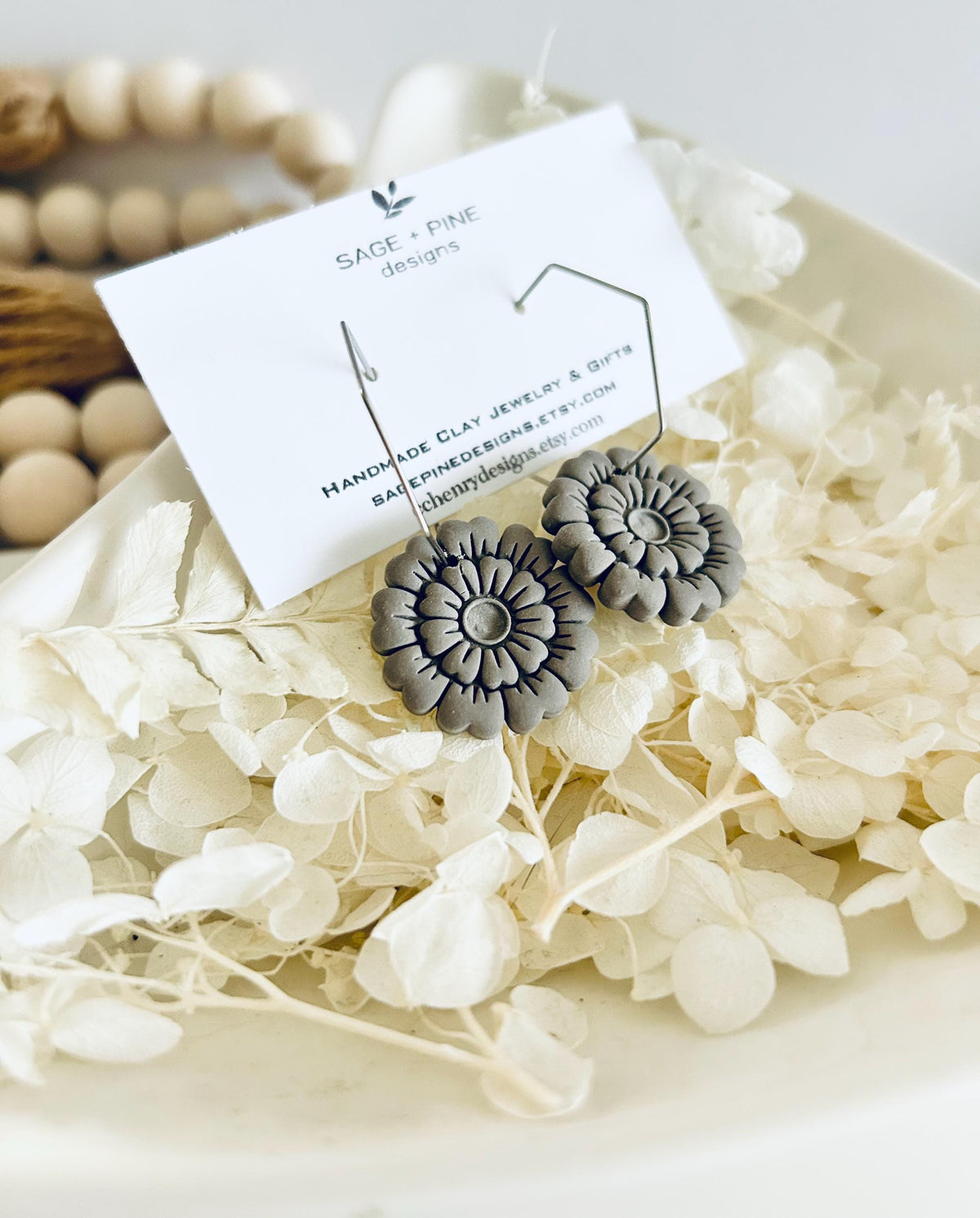 Blush Pink Flower Earrings, Floral Clay Hoop Dangles, Handmade Jewelry Gift for Mothers Day