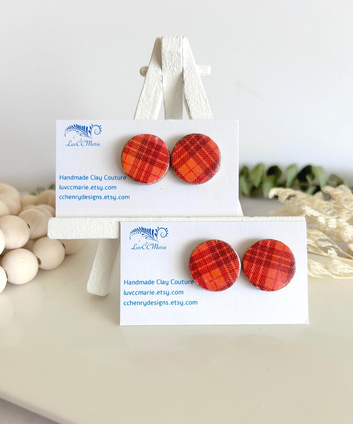 Dark Burgundy Red and Orange Plaid Stud Earrings, Clay Studs, Gingham Jewelry, Hypoallergenic Steel