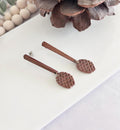 Pine Cone Clay Earrings, Wood Bar Drop Dangles, Handmade Lightweight Boho Jewelry