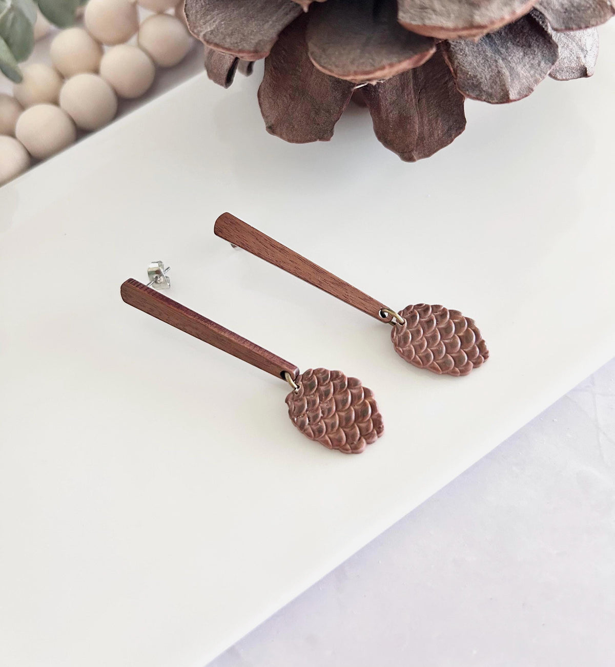 Pine Cone Clay Earrings, Wood Bar Drop Dangles, Handmade Lightweight Boho Jewelry