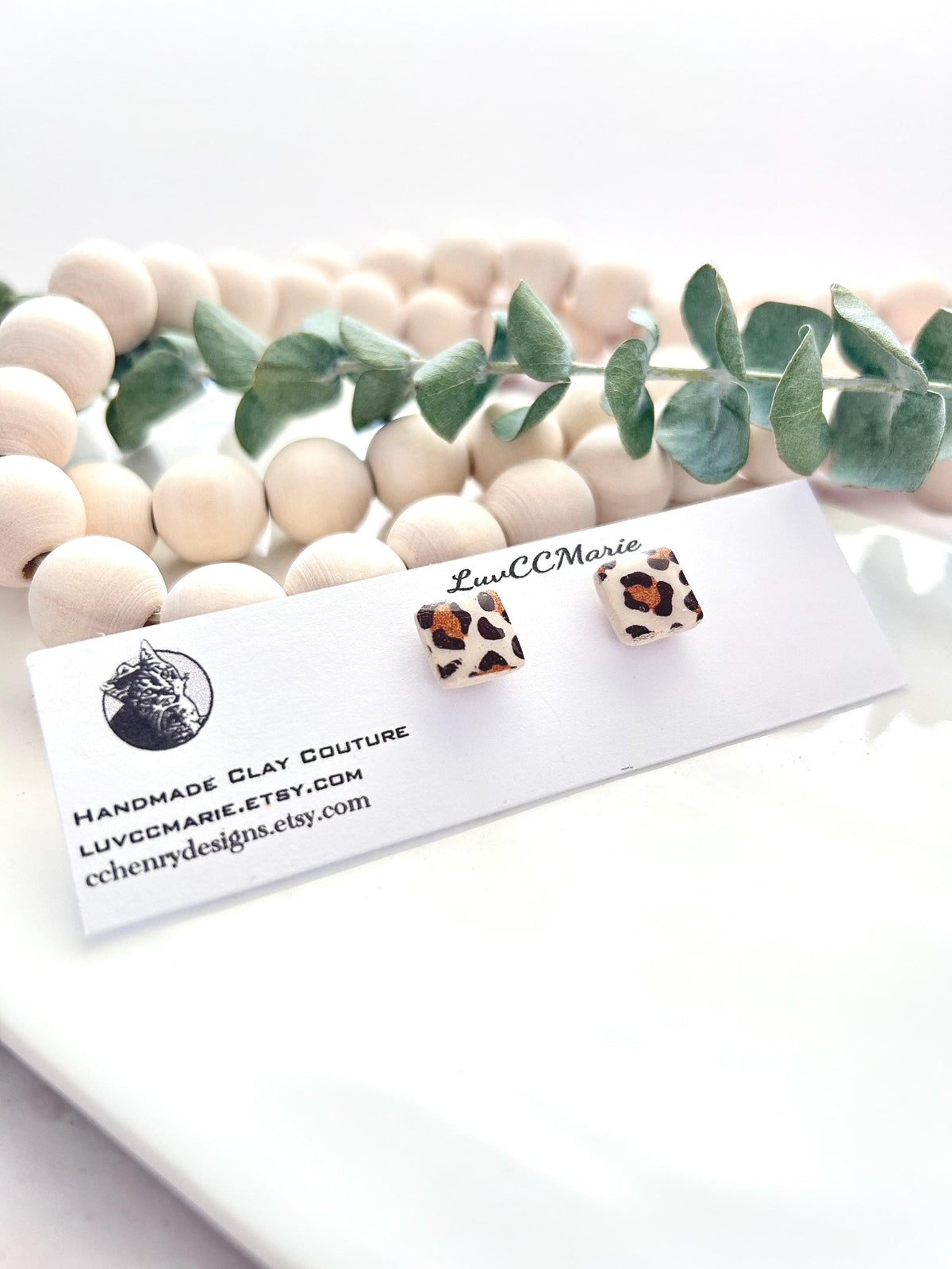 Leopard Print Clay Earrings, Animal Pattern Studs, Handmade Boho Fall Jewelry