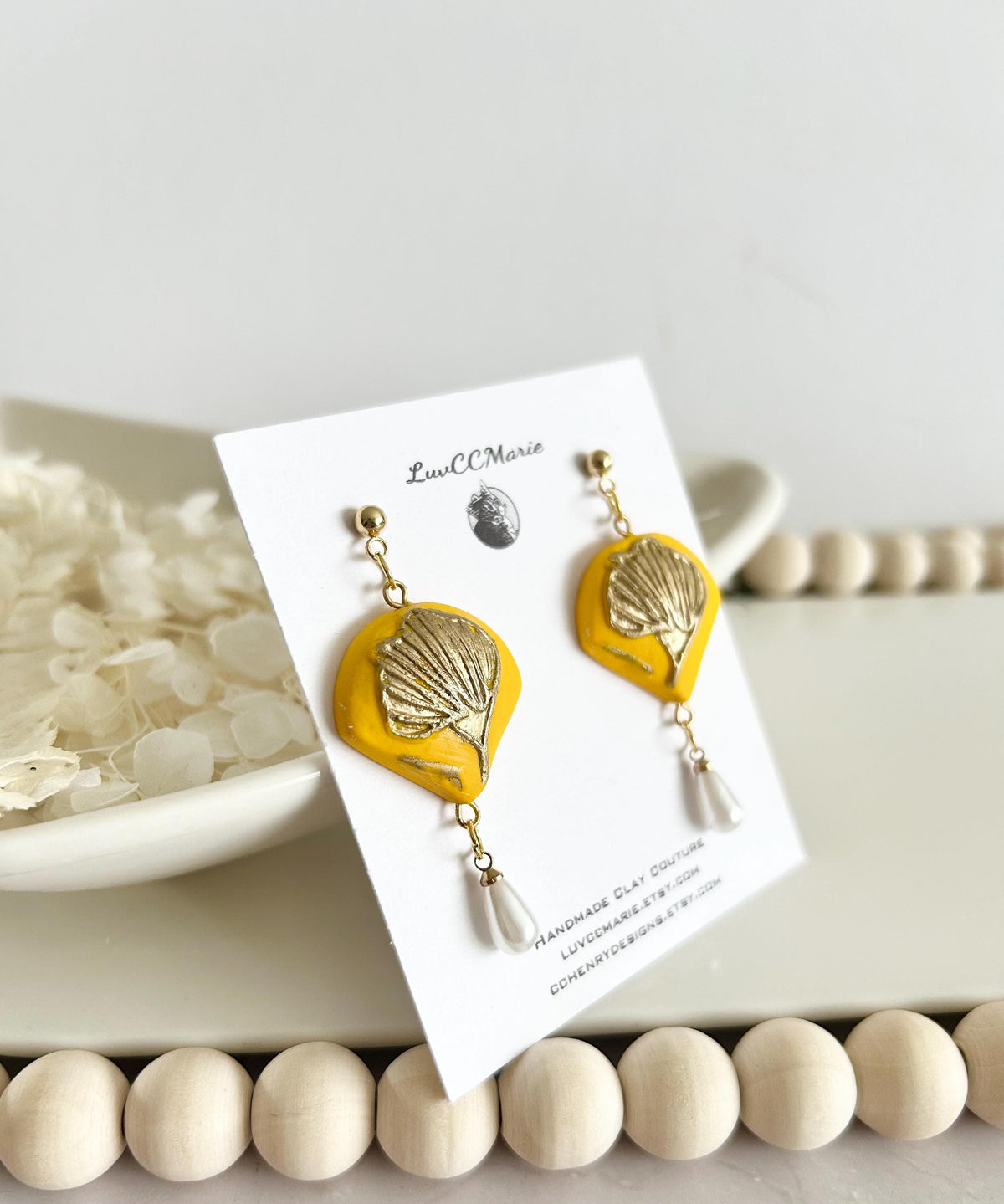 California Poppy Flower Clay Earrings, Abstract Floral Pearl Dangles, Handmade Jewelry Gift for Her