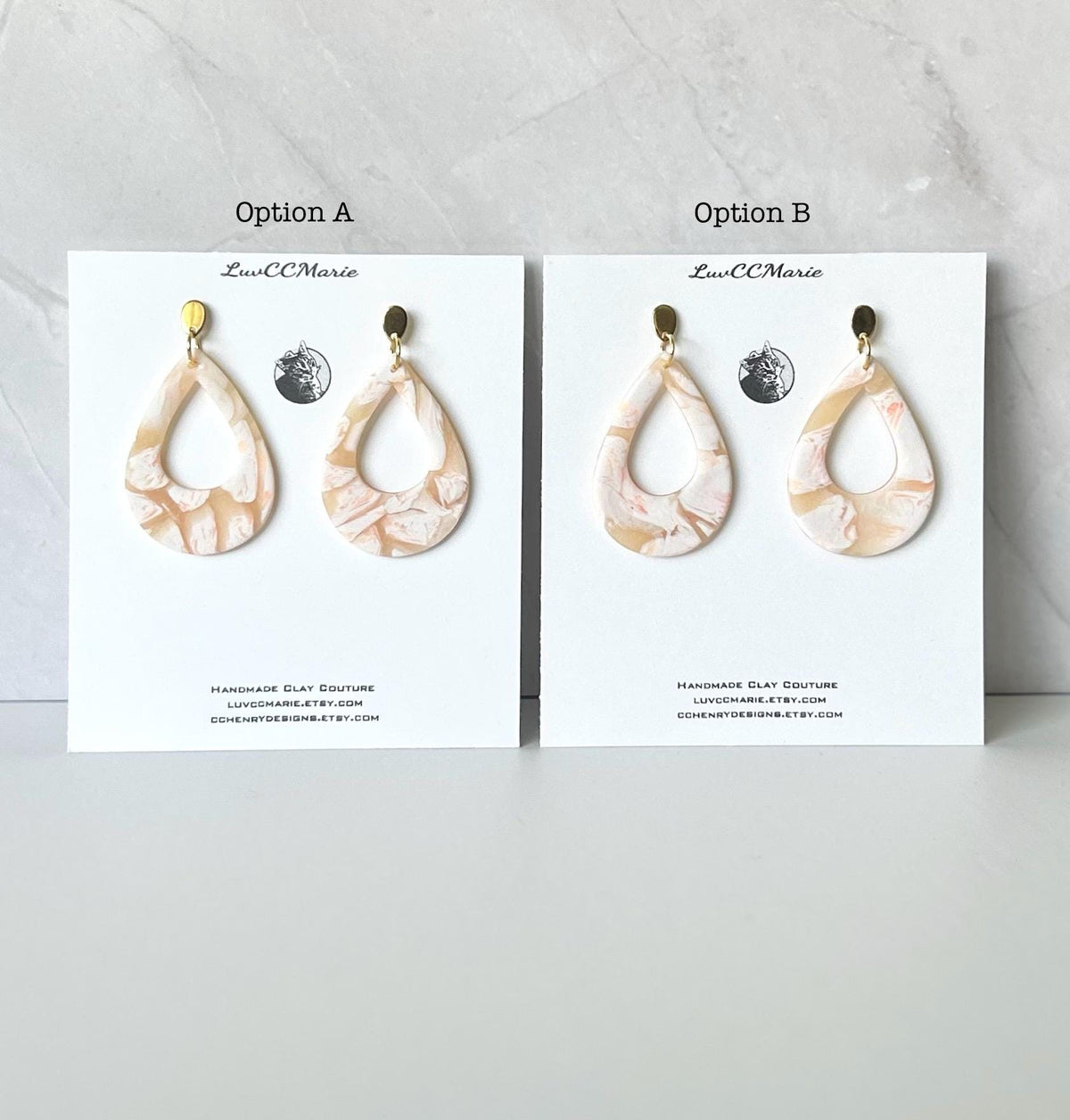 Abstract Teardrop Hoop Earrings, Peach and White Clay Earrings, Handmade Boho Fashion Jewelry