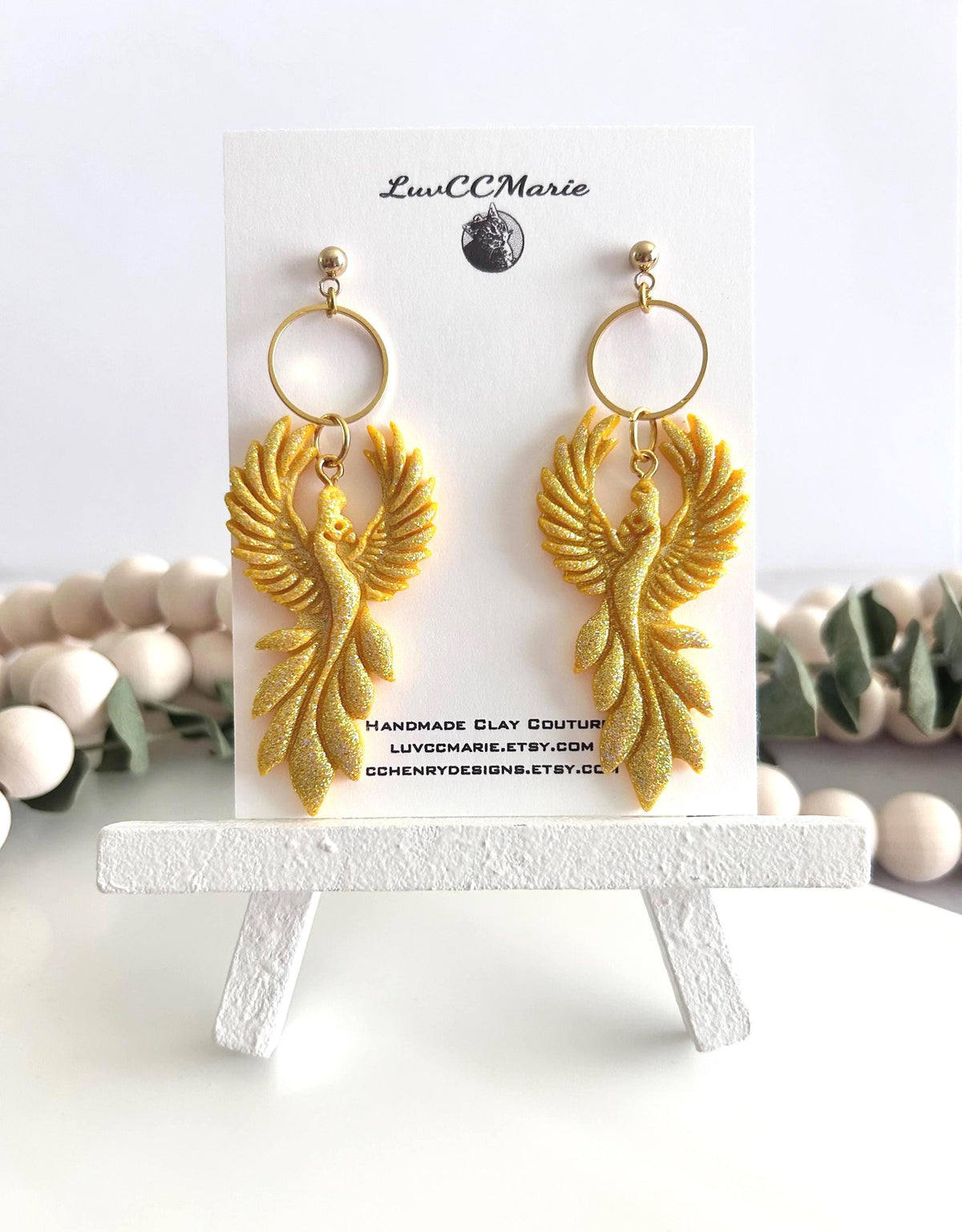 Iridescent Firebird Dangle Earrings, Handmade Clay Phoenix Dangles, Gold Glitter Statement Jewelry