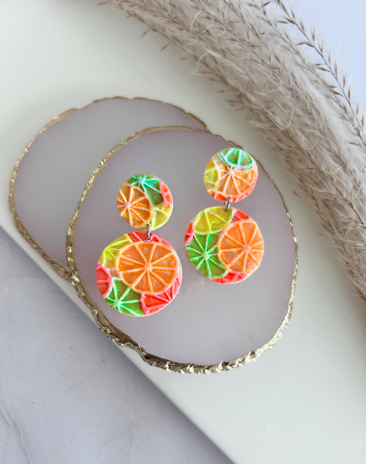 Neon Orange Slice Foodie Earrings, Grapefruit, Lemon, Lime, Unique Handcrafted Dangles, 90s Statement Clay Jewelry