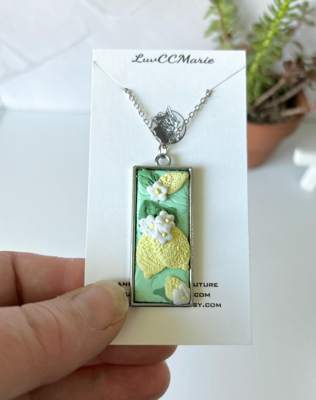 Mint Green Lemon Necklace, Fruit Clay Silver Pendant, Boho Jewelry