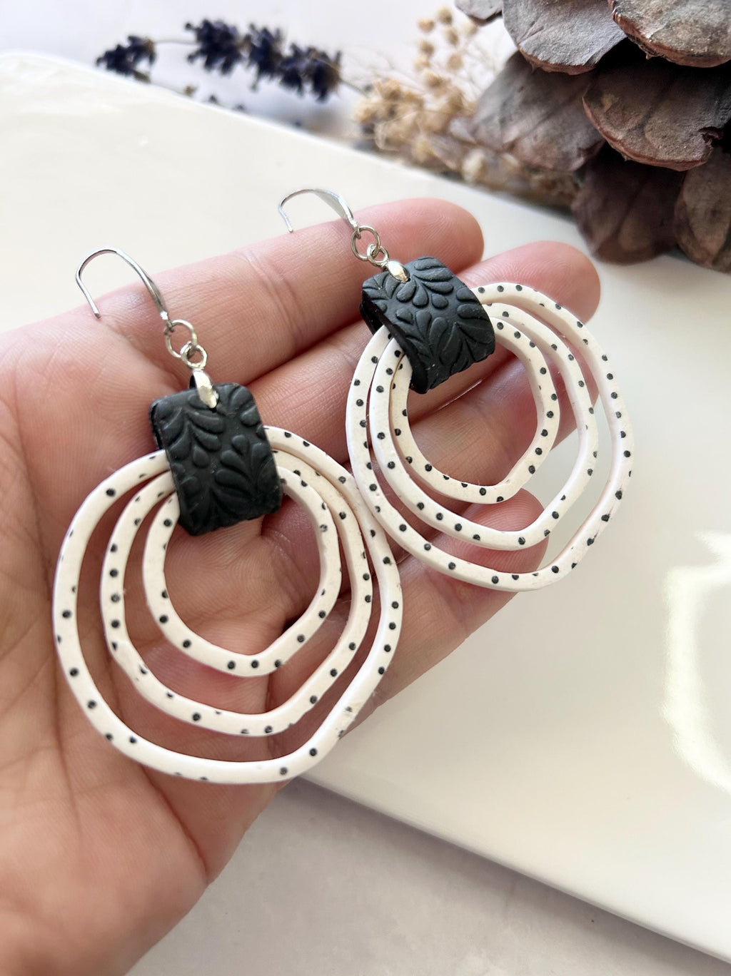 Black and White Polka Dot Hoop Earrings, Handmade Clay Dangles, Stainless Steel, Contemporary Statement