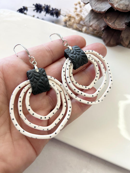 Black and White Polka Dot Hoop Earrings, Handmade Clay Dangles, Stainless Steel, Contemporary Statement