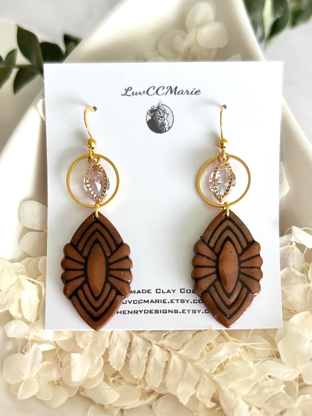 Dark Brown Clay Dangle Earrings: Gold Cubic Zirconia, Boho Wedding Jewelry