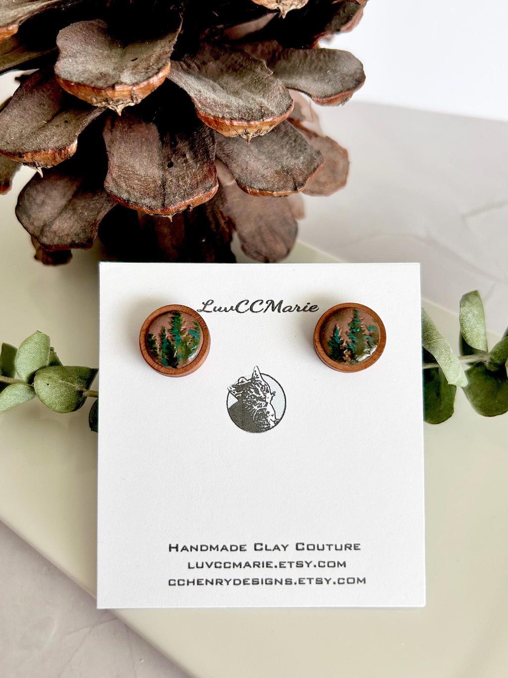 Handmade Pine Cone Stud Earrings: Wood & Clay Fall Boho Jewelry
