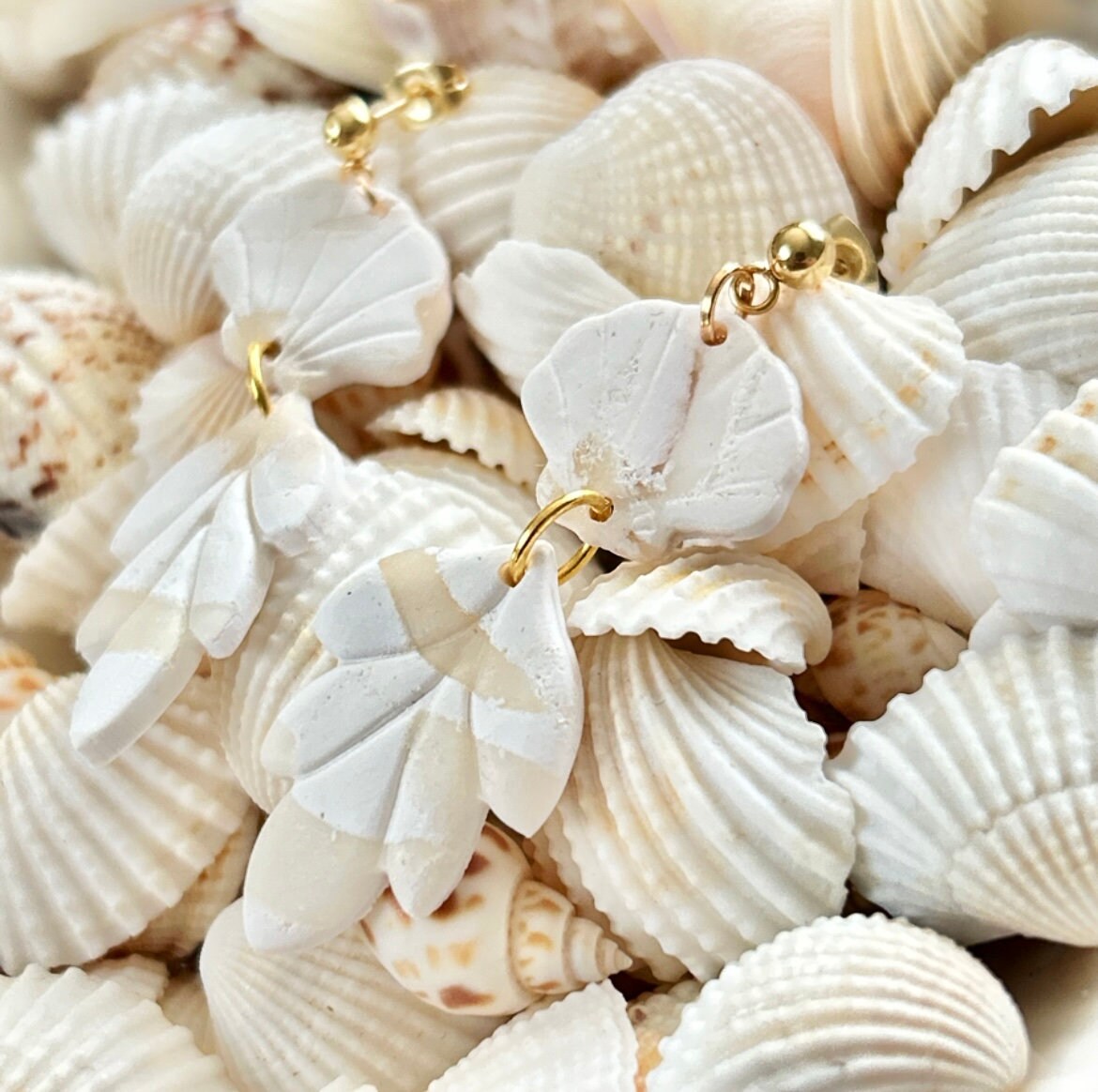 White Cream Beachy Earrings, Coastal Vacation Drop Dangles, Large Leaf Handmade Clay Jewelry Gift