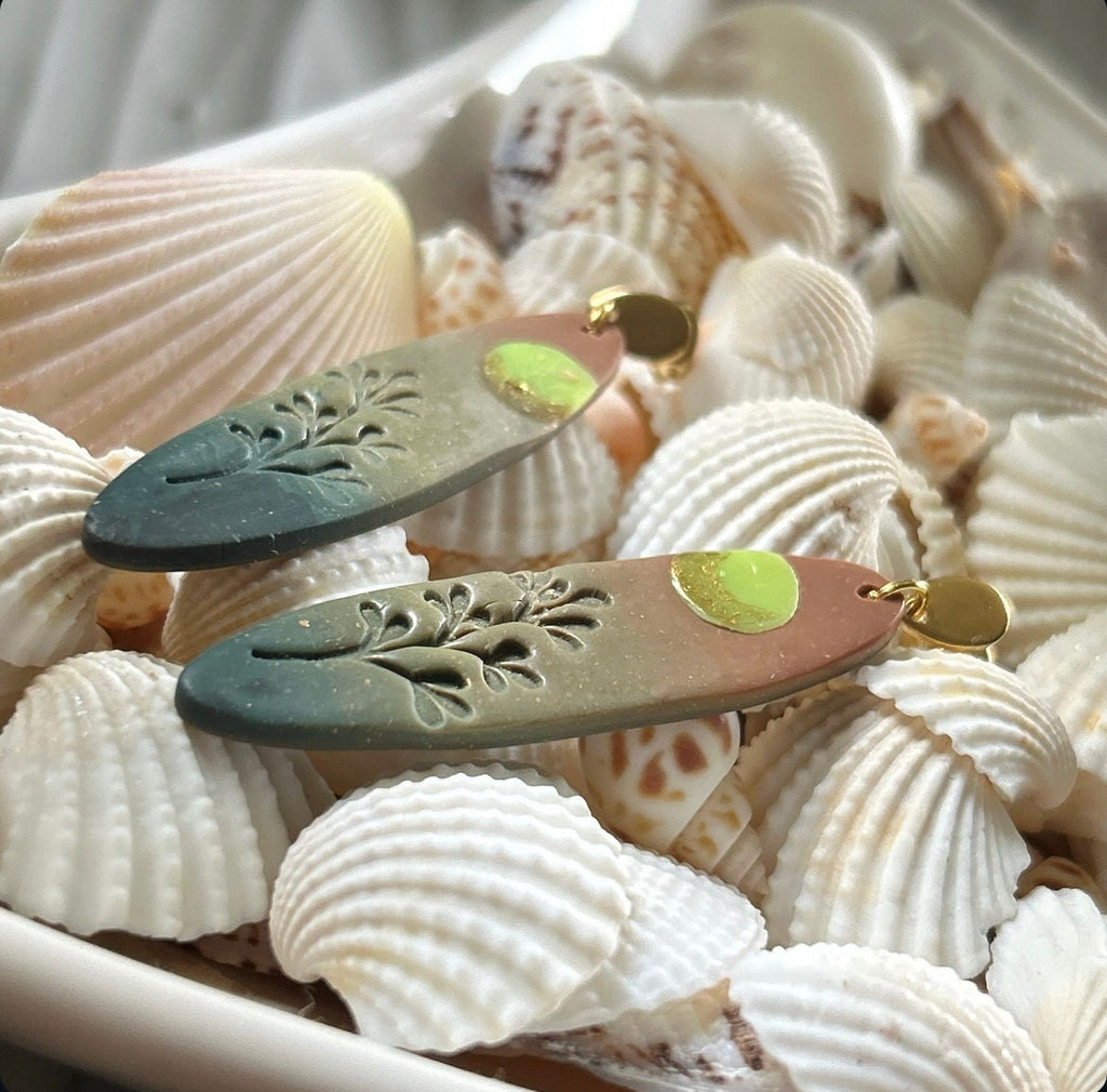Surfboard Earrings, Orange and Green Moon Dangles, Embossed Clay Handmade Jewelry