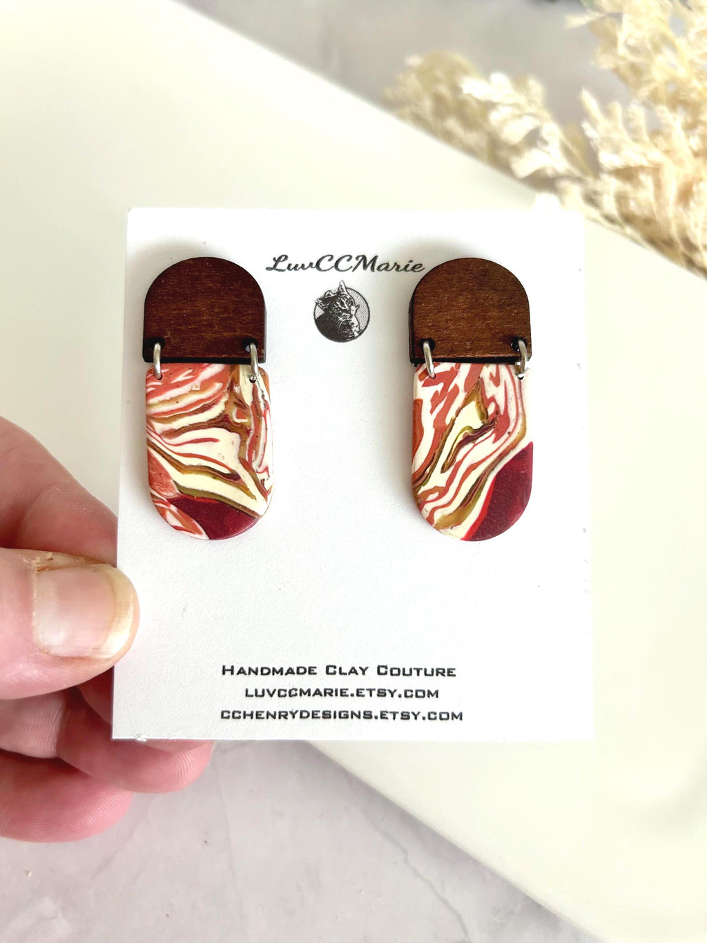 Dark Burgundy Red Clay Earrings, Terracotta Marbled Wood Dangles, Handmade Fashion Boho Jewelry