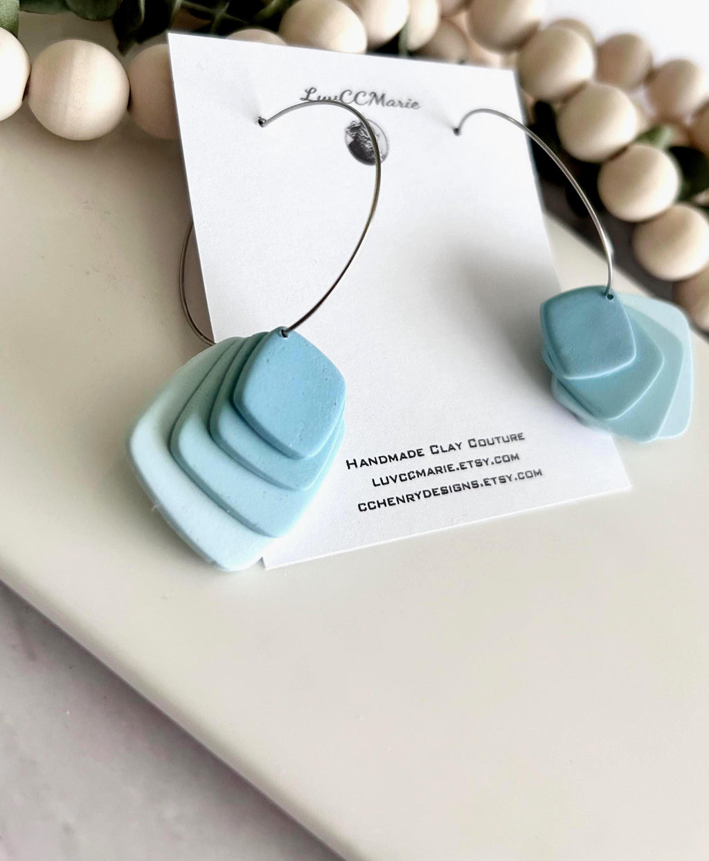 Pink or Blue Pastel Earrings, Dangle Hoops, Geometric Clay Dangles, Beach Vacation Jewelry Gift