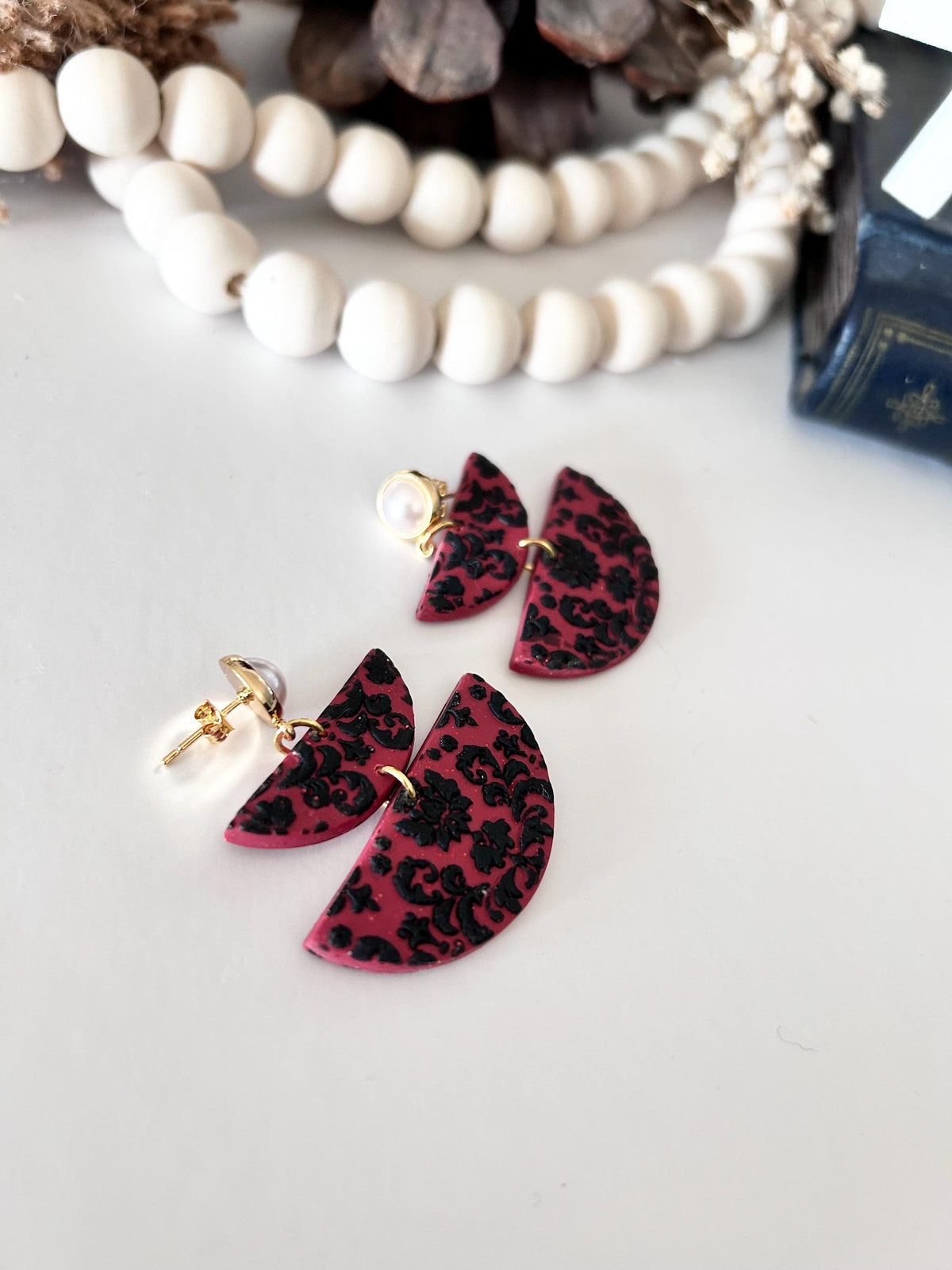 Red and Black Pearl Earrings, Elegant Dangles, Damask Floral Drops, Lightweight Clay Statement Jewelry