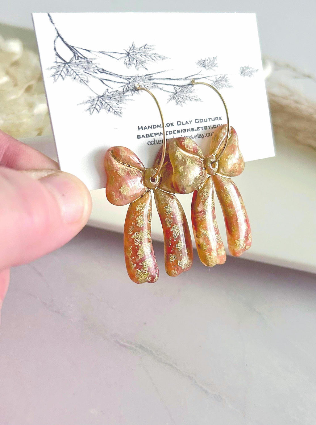 Delicate Falling Leaves Bow Earrings, Autumn tones with Gold Hoops, Boho Clay Handmade Jewelry