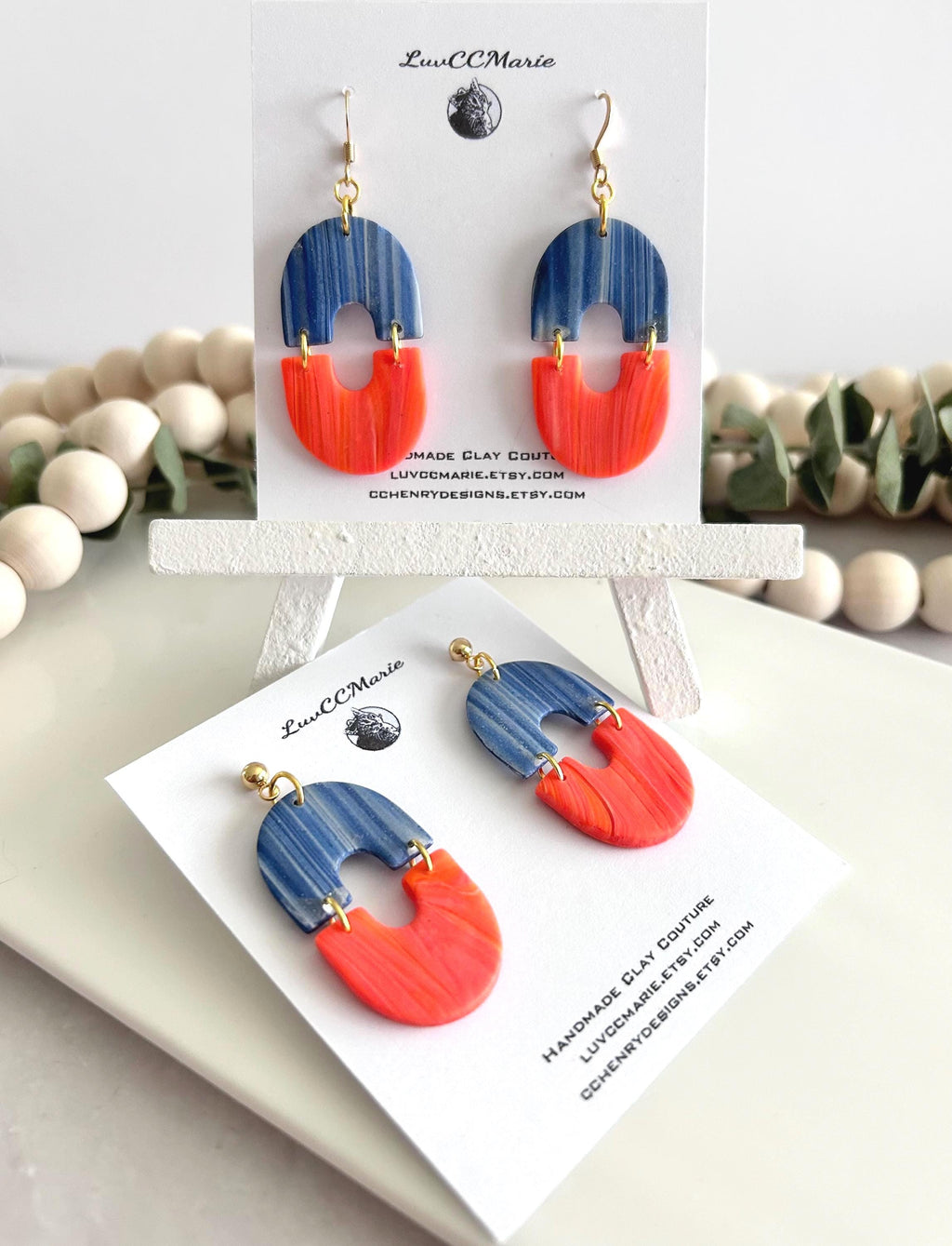 Orange Navy Blue Dangles, Marbled Coral Clay Long Bright Earrings, Neon Summer Drop Handmade