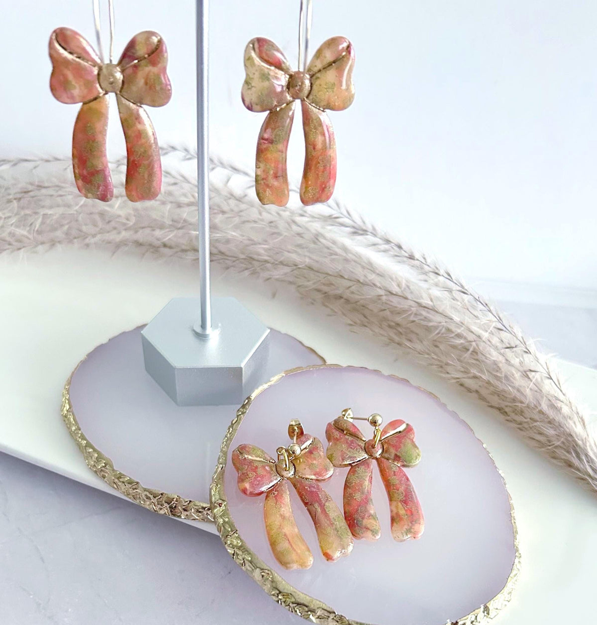 Delicate Falling Leaves Bow Earrings, Autumn tones with Gold Hoops, Boho Clay Handmade Jewelry