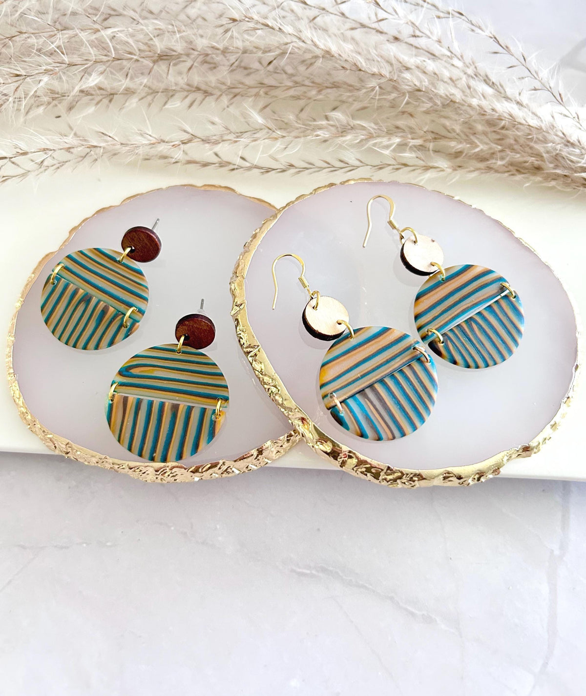 Burgundy Striped Earrings, Teal Mustard Fall Earrings, Multicolor Handmade Boho Wood Clay Drop Dangles