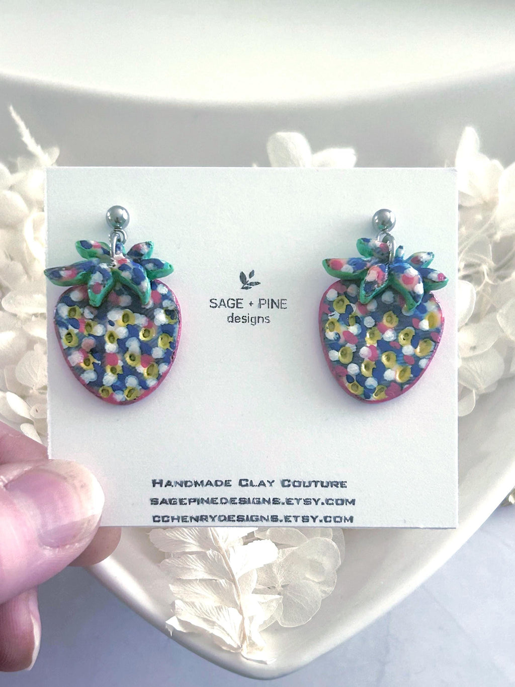 Strawberry Earrings, Clay Dangles, Red White Blue