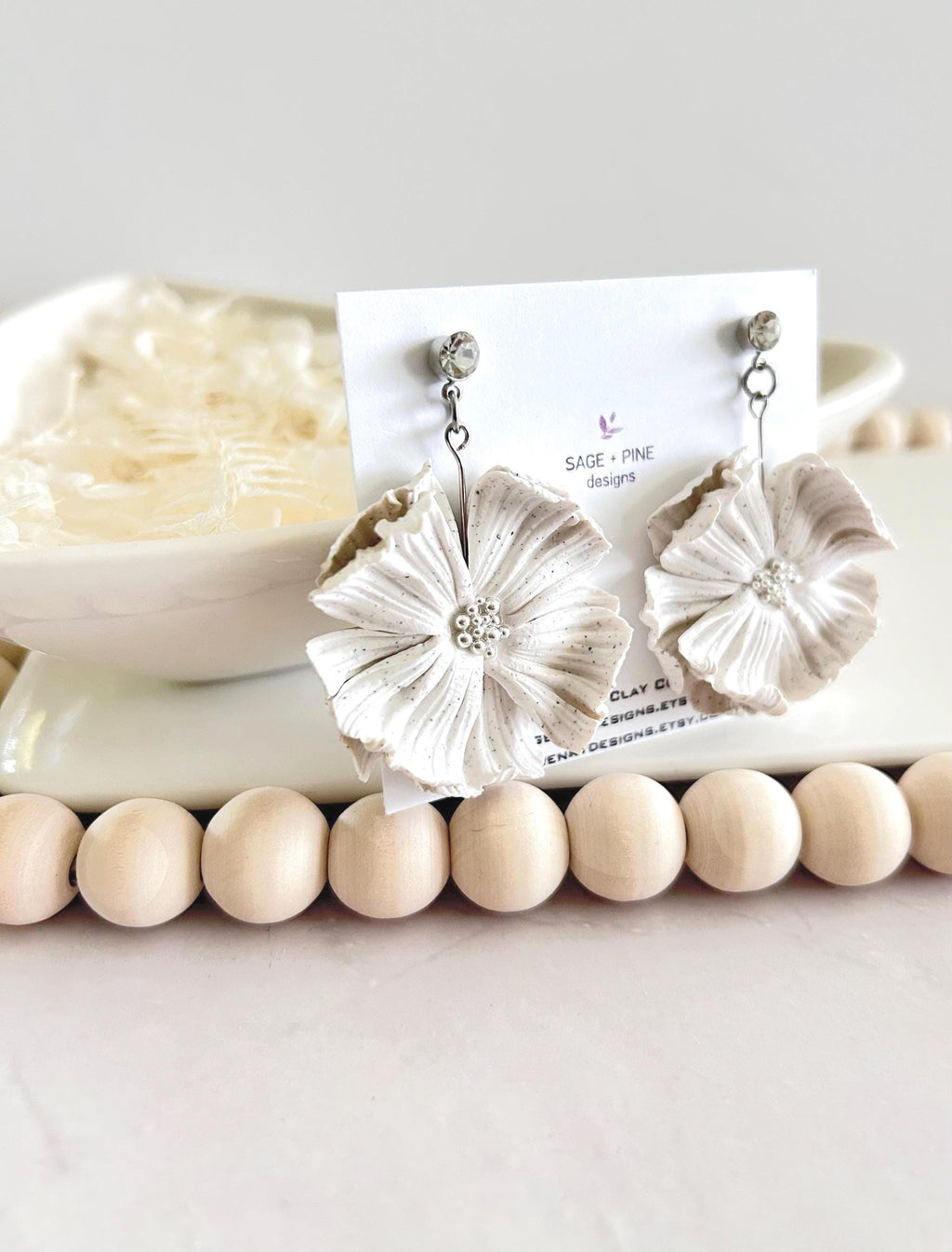 White Dangle Flower Earrings, Big Floral Drop Dangles, Silver Rhinestone Unique Statement Jewelry Gift